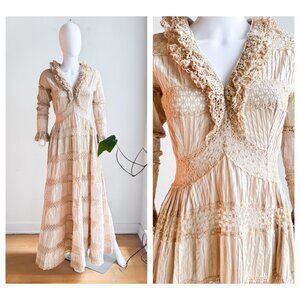 Vintage Nude Beige Crochet Detail Long sleeve Boho Dress S